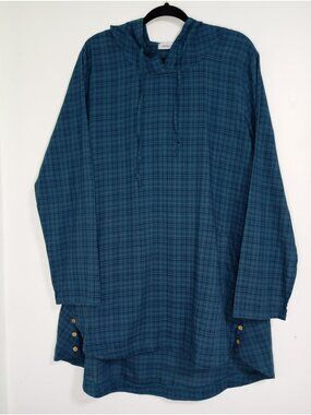 Misslook Hooded Tunic Womens Blue Plaid 2XL With Button Details cotton